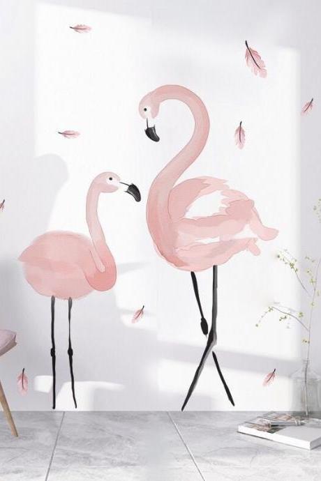 Removable Stickers,flamingo Wall Decal, Watercolor Flamingo Wall Sticker，tropical Leaves Wall Decal Sticker, Living Room Home Decor G239