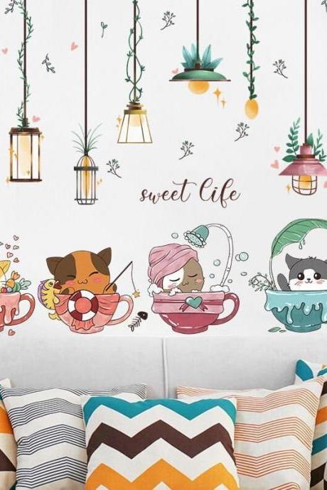 Cartoon Animal Wall Stickers Cat Wall Decals Living Room Bedroom Lamp Decals Children's Room Decoration Decals Transparent And