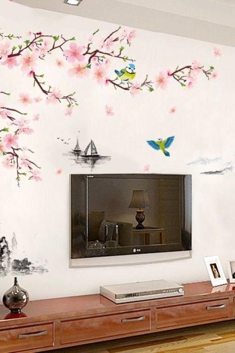 Chinese Wind Pink Peach Flower Wall Stickers Sitting Room Tv Background Wall Decal Creative Dining-room Adornment G299