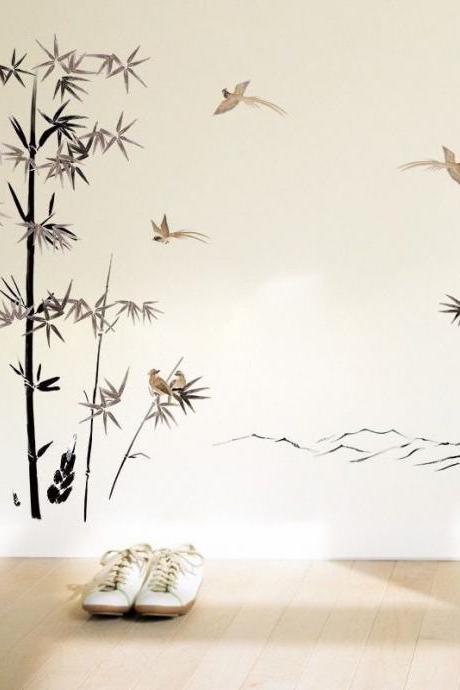 Large Ink Painting Bamboo Wall Sticker, Bamboo Leaf Decal, Bamboo And Bird Sticker Mural Children Room Play Room Wall Decal G655