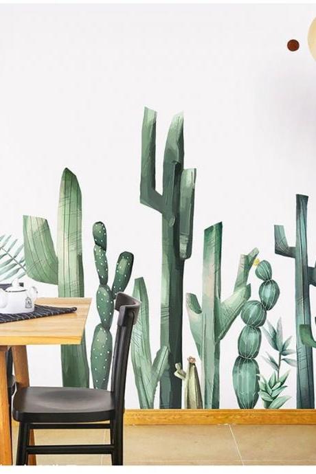 Fresh Green Plants Cactus Wall Stickers Art Fan Sitting Room Bedroom Dining Room Porch Wall Decal