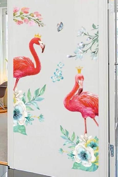 Removable Stickers,plant Flower Wall Sticker With Flamingo Wall Decal, Watercolor Flamingo Wall Sticker,tropical Leaves Wall Decal Sticker,