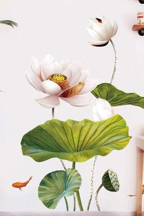 Fresh Green Leaf Pink Lotus With Carp Living Room Decal,lotus Wall Sticker,natural Floral Vinyl Home Decor , Peel And Stick Wall Stickers