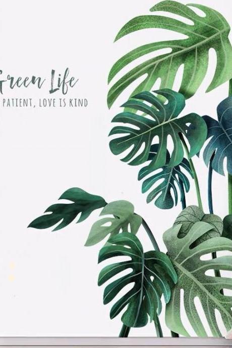 Tropical Monstera Leaf Wall Sticker,dragonfly And Birds Natural Botany Wall Mural,living Room Wall Decor,greenery Peel Stick,plant Decal 880
