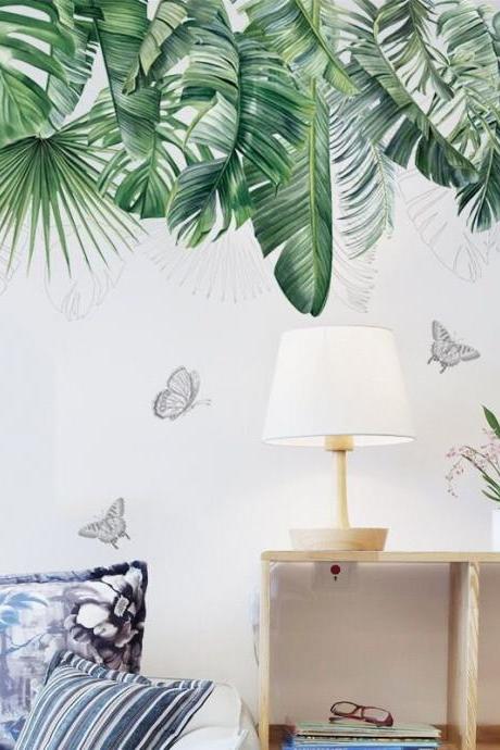 Tropical Monstera Leaf Wall Sticker ,dragonfly And Birds Natural Botany Wall Mural,room Wall Decor,wall Decal Living Room,plant Decal G575