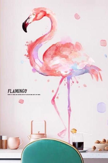 Removable Stickers,flamingo Wall Decal, Watercolor Flamingo Wall Sticker，tropical Leaves Wall Decal Sticker, Living Room Home Decor G109