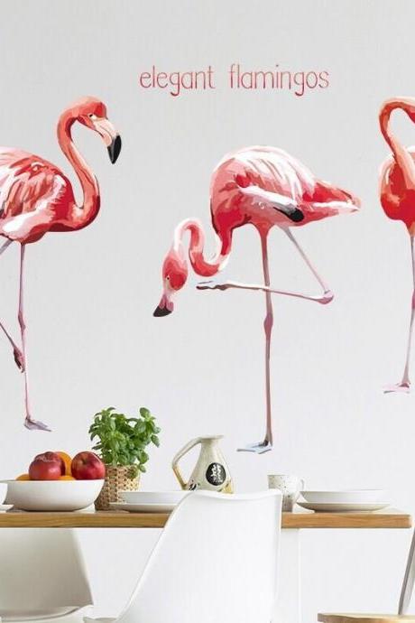 Removable Stickers,flamingo Wall Decal, Watercolor Flamingo Wall Sticker，tropical Leaves Wall Decal Sticker, Living Room Home Decor G348