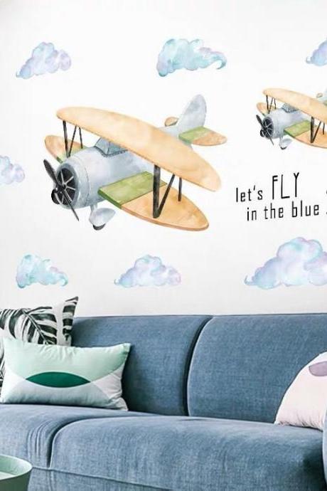Airplane Nursery Wall Decals,aircraft Wall Sticker,watercolor Clouds Wall Decals,airplane Decoration,airplane Nursery Wall Decor G495
