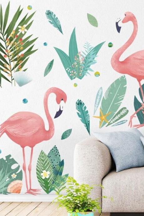 Removable Stickers,flamingo Wall Decal, Watercolor Flamingo Wall Sticker，tropical Leaves Wall Decal Sticker, Living Room Home Decor G384