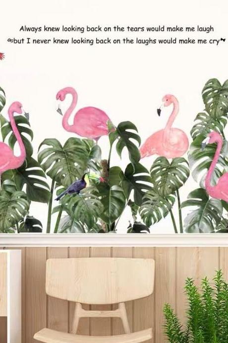 Removable Stickers,flamingo Wall Decal, Watercolor Flamingo Wall Sticker，tropical Leaves Wall Decal Sticker, Living Room Home Decor G693