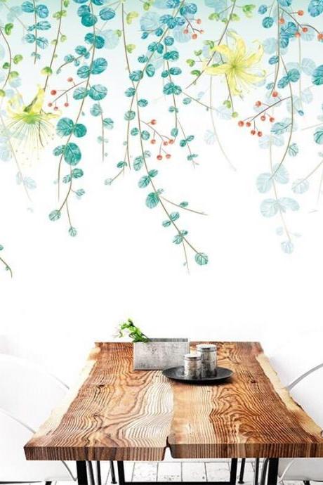 Wall Decal Fresh Green Leaf And Flowers Wall Stickers,flower Wall Sticker，plant Wall Sticker Plants Home Decoration Wallpaper G381