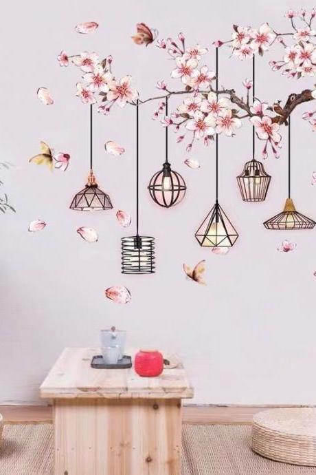 Large Branch Peach Blossom Wall Stickers, Lamp Wall Stickers, Flower Stickers, Diy Stickers Murals On Living Room And Bedroom Walls G758