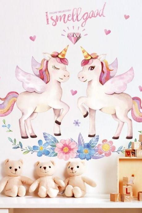 Watercolor Large Unicorn Wall Décor | Unicorn Wall Decal | Unicorn Nursery Unicorn Wall Sticker, Pink Coral - Peel And Stick G787