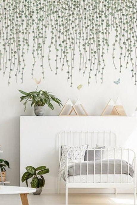 Hanging Dark Green Leaves Vine Wall Decal, Natural Plants Wall Stickers, Living Room Wall Decors,baby Room Decal,creative Botanical Dropping
