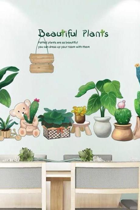 Green Plant Wall Stickers Wall Decal，bear And Cactus Wall Sticker ，plants Small Fresh Bedroom Living Room Warm Self-adhesive Wallpaper G652
