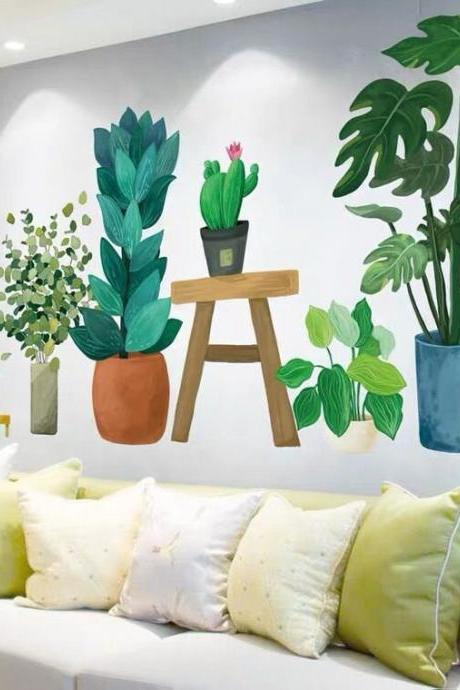 Green Plant With Banana Leaves Wall Stickers Wall Decal Nordic Ins Plants Small Fresh Bedroom Living Room Warm Self-adhesive Wallpaper G651
