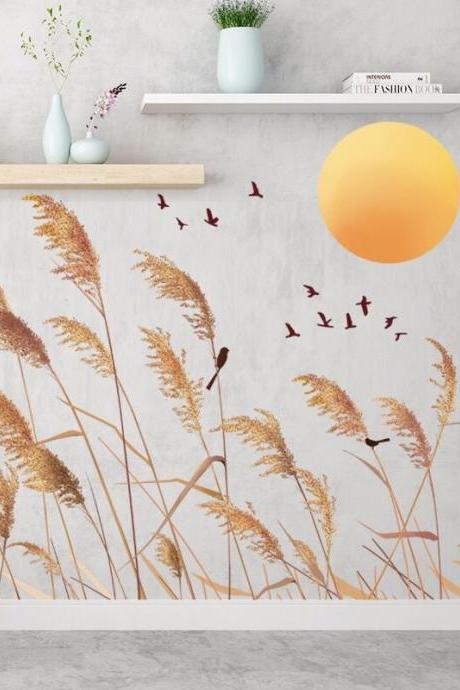 Fresh Handpainted Simple Reed Wallpaper, Autumn Yellow Reed Wall Mural, Living Room Or Dinning Room Wallpaper Home Decor G284