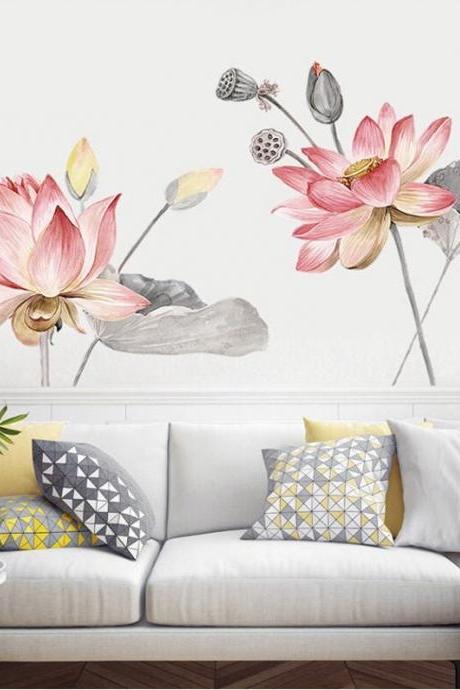 Pink Lotus Wall Decals Art Stickers Waterproof Living Room Girls Decal Romantic Floral Wall Art Prints Peel And Stick Bedroom Elegant G149