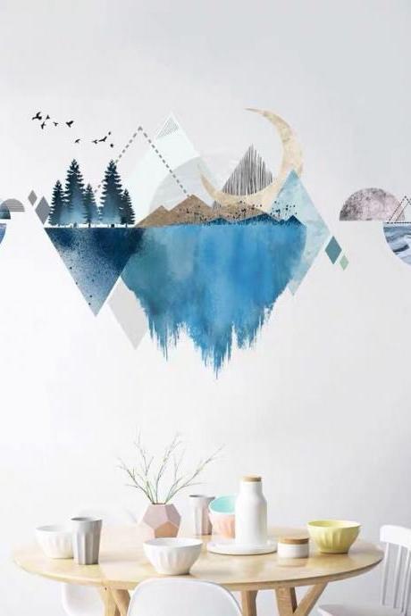 Elegant Mountain Decals - Blue Nature Murals,tropical Home Decor,removable Vinyl Wall Stickers,watercolor Wall Art Living Room G151