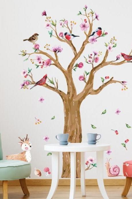 Peach Blossom Tree Wall Sticker, Bird Wall Sticker, Home Decoration Background Bedroom Living Room Glass Decal G405