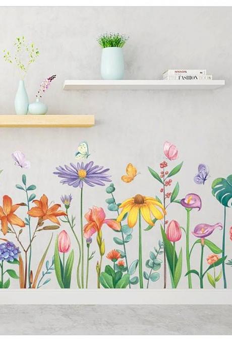 Wall Stickers Plant Garden Corner Decorative Decals Toe Line Self-adhesive Wallpaper Ins Fresh Art Colorful Flowers Wall Decal